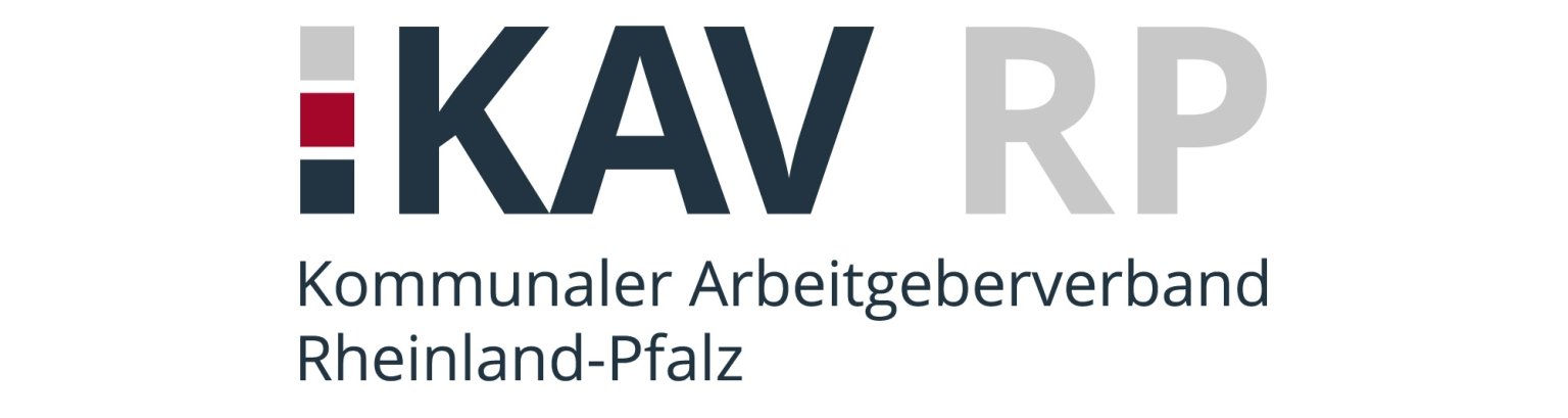 KAV - Logo mit den Buchstaben KAV und dem Schriftzug Kommunaler Arbeitgeberverband Rheinland-Pfalz, die in einem modernen, schlichten Schriftstil in schwarz, grau und rot  gehalten sind