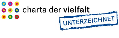 Logo der Charta der vielfalt mit dem Schriftzug charta der vielfalt, die in einem modernen, schlichten Schriftstil in schwarz.  Schräg in der Ecke steht unterzeichnet. Das Logo besteht aus vielen bunten Punkten.